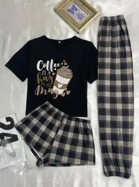 1 con estampado de slogan Camiseta & 1 con estampado de guingan Pantalones & 1 Shorts Conjunto de pijama