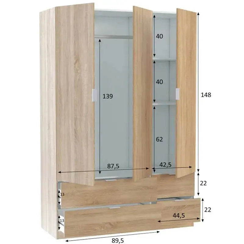 Armario 3 puertas 4 cajones Dormitorio canadiense de roble Muebles de almacenamiento de habitación doble 200X135X52 Cm