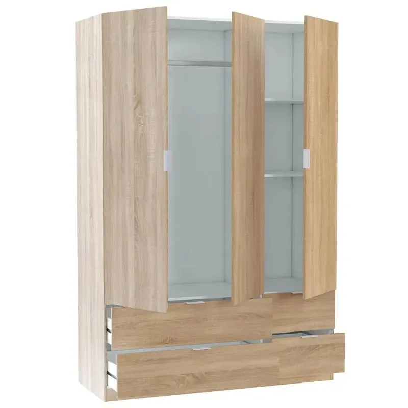 Armario 3 puertas 4 cajones Dormitorio canadiense de roble Muebles de almacenamiento de habitación doble 200X135X52 Cm