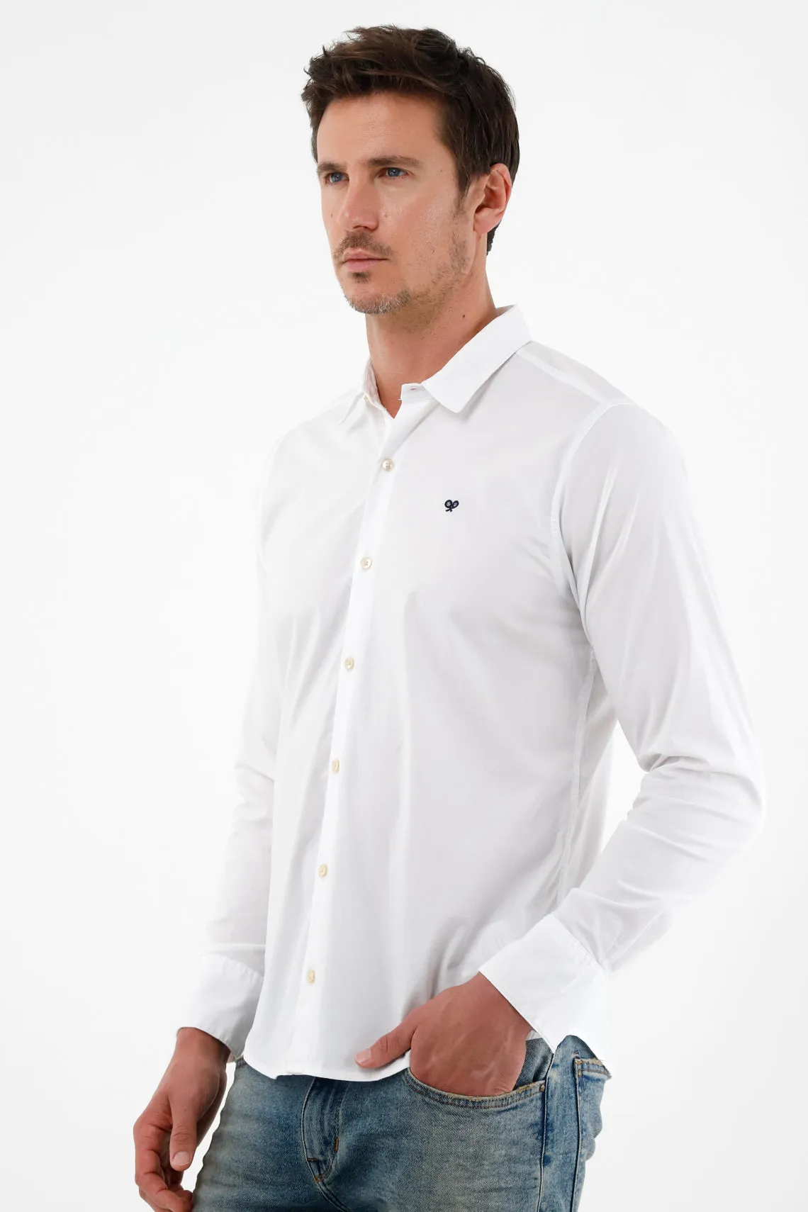 Camisa blanca manga larga con raqueta bordada para hombre