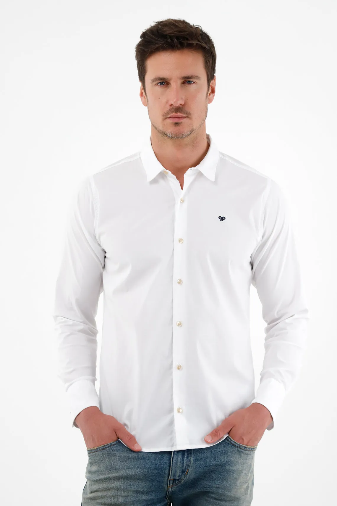 Camisa blanca manga larga con raqueta bordada para hombre