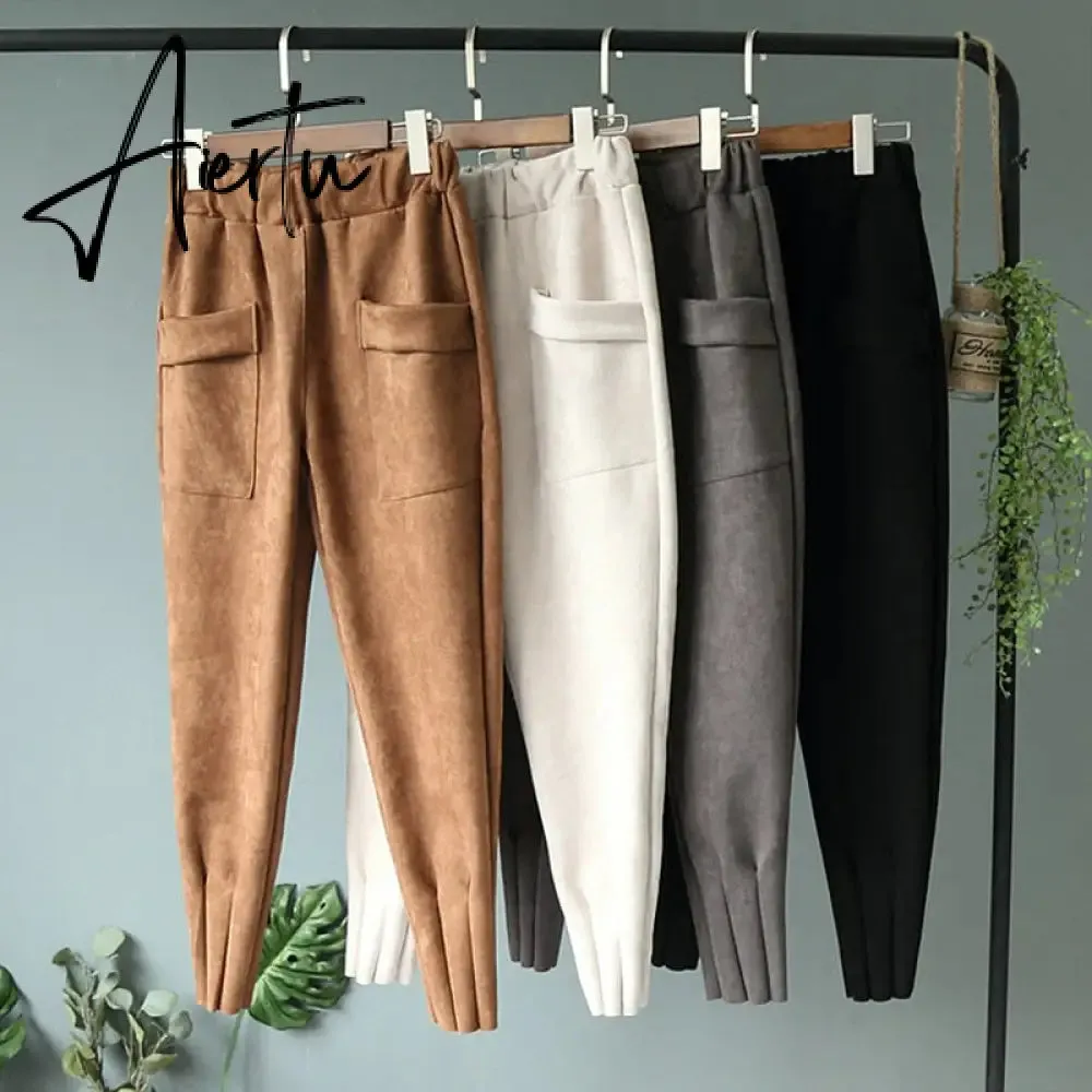 Casual Autumn Winter Women Pants Korean Elastic High Waist Pockets Suede Harem Pants Trousers Women Pantalon Femme