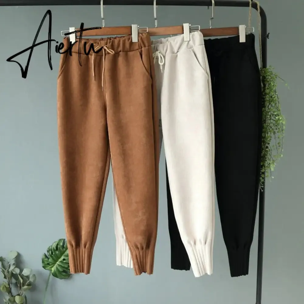 Casual Autumn Winter Women Pants Korean Elastic High Waist Pockets Suede Harem Pants Trousers Women Pantalon Femme