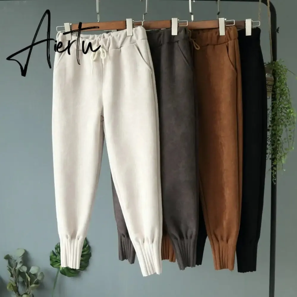 Casual Autumn Winter Women Pants Korean Elastic High Waist Pockets Suede Harem Pants Trousers Women Pantalon Femme