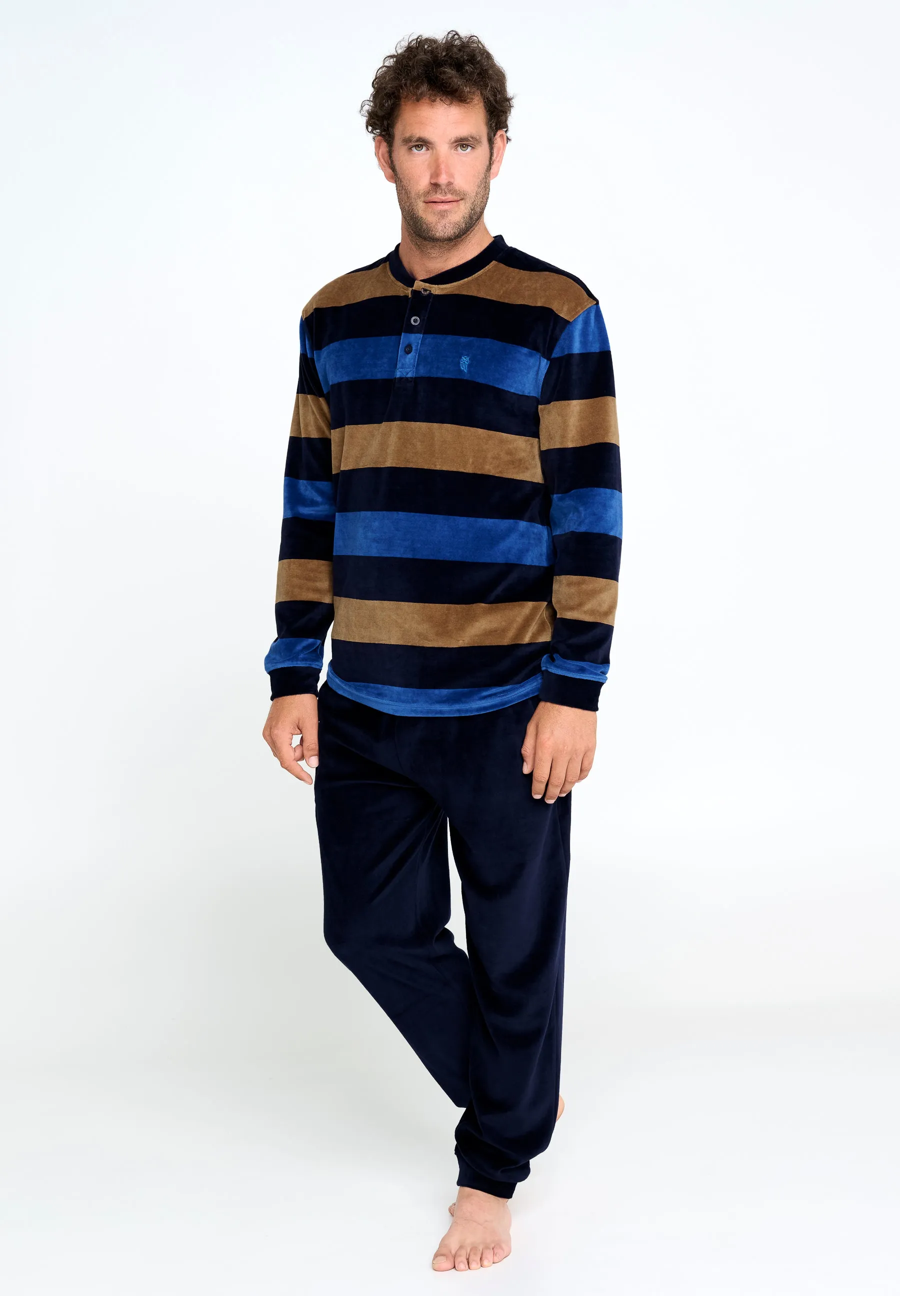 Pijama Hombre Invierno Largo Terciopelo Rayas - Azul 5731_37