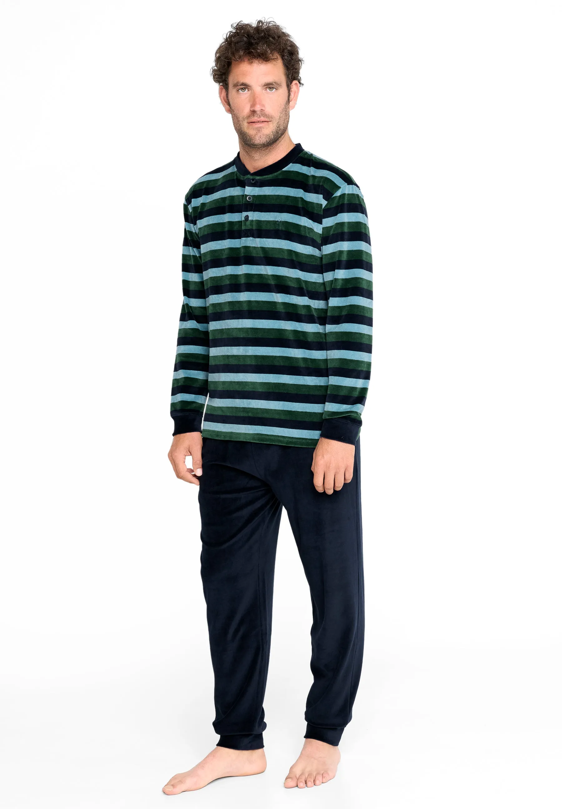 Pijama Hombre Invierno Largo Terciopelo Rayas - Verde 5730_40