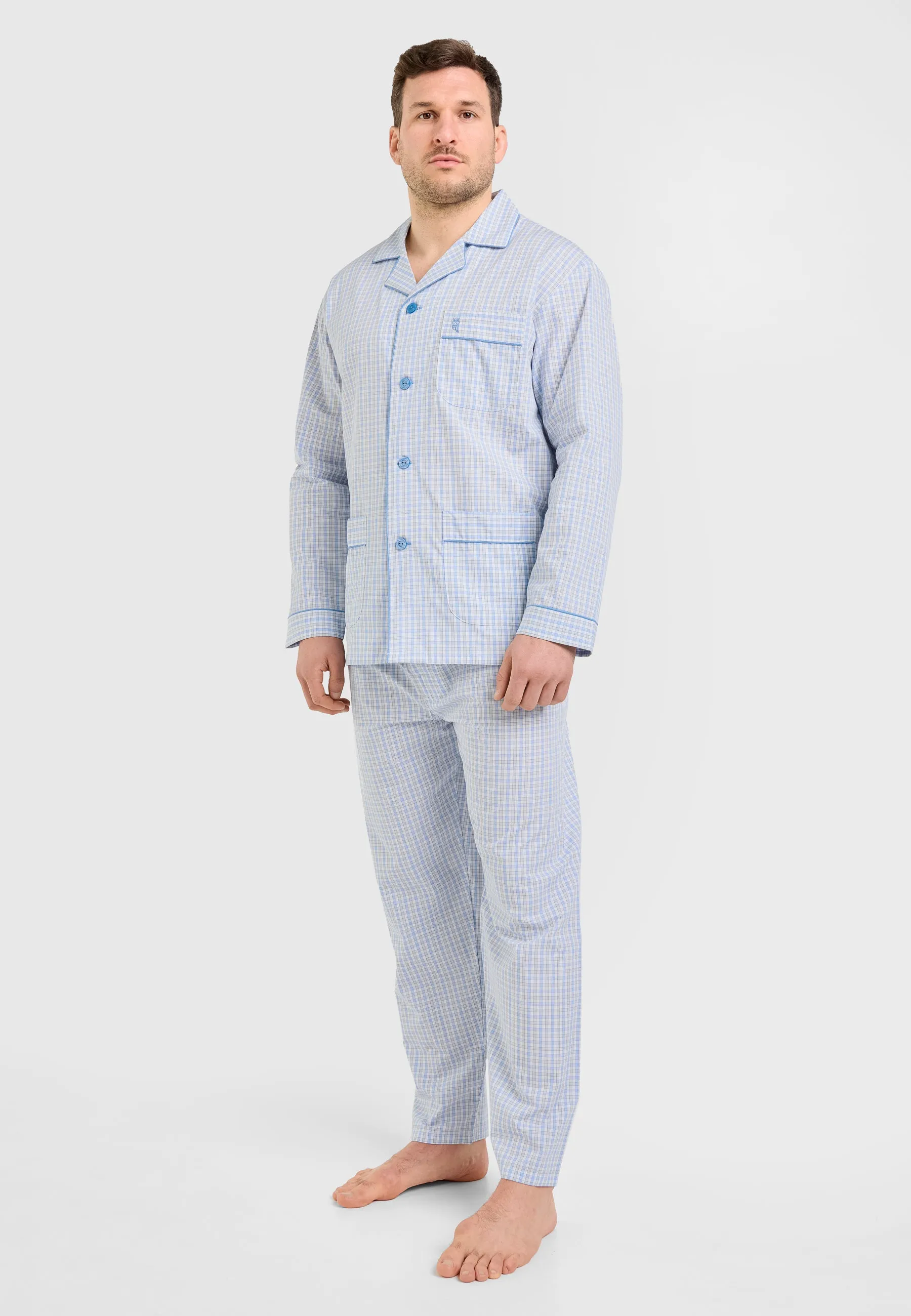 Pijama Hombre Largo Solapa Popelín Cuadros - Gris 1524_20