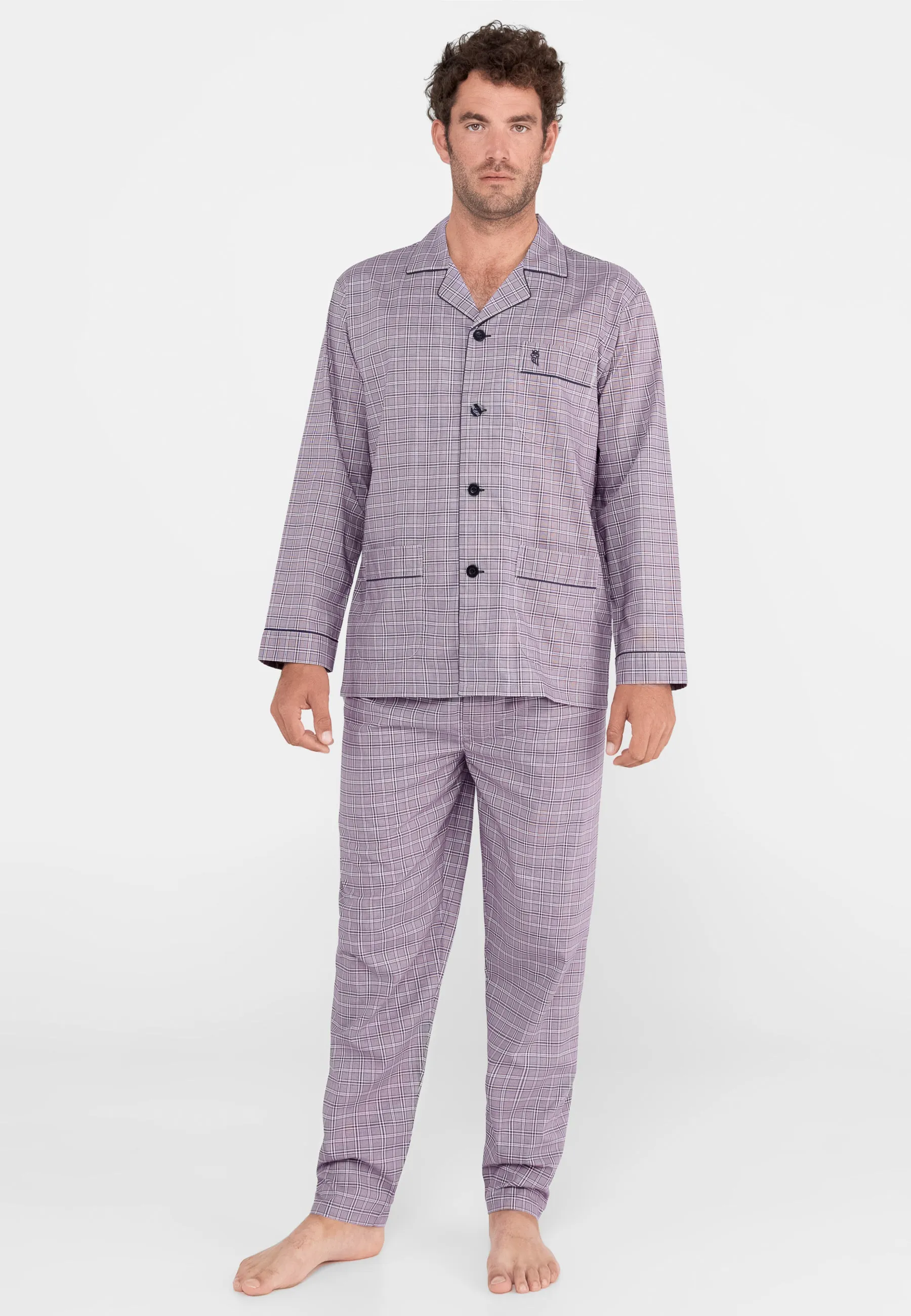 Pijama Hombre Largo Solapa Popelín Cuadros - Violeta 2977_95