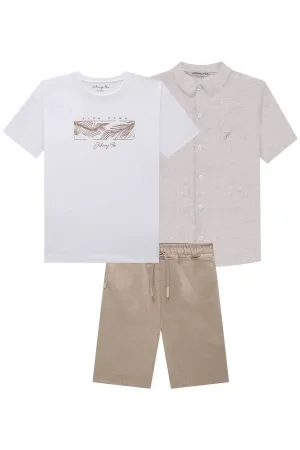 Trio de Camisa em Tecido Linen Look Bahamas Camiseta em M.m e Bermuda em Sarja Melange C/  75844 Johnny Fox